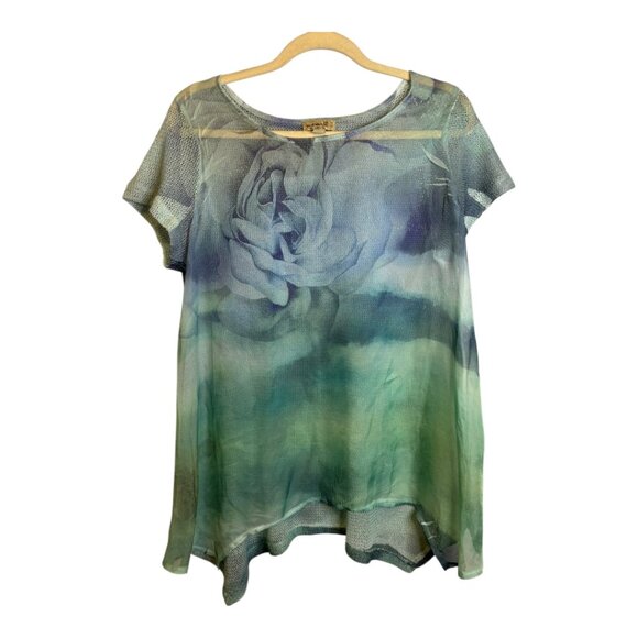 One World Blouse Women's Size Large Floral Lightweight Knit Sheer‎ Blue - Picture 1 of 3
